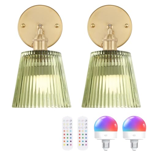 Image of Shenmoyl Vintage Battery Operated Wall Sconce with Green Stripe Glass Lampshade Rechargeable Battery Powered Wall Light with Remote Control for Bedside Bedroom Doorway, Set of 2