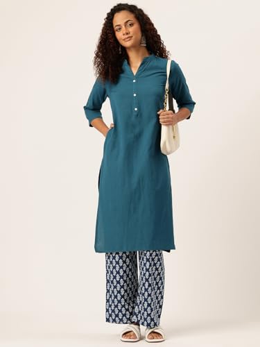 Image of feranoid Women's Plain Cotton Kurta with Mandarin Collar, 3 /4 Sleeves & Pocket