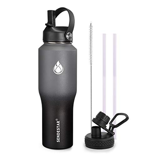 Image of SENDESTAR Water Bottle 32oz,2 Lids(Straw lid),Wide Mouth Stainless Steel Vacuum Insulated Double Wall Keep Liquids Cold or Hot All Day,Sweat Proof Sport Design,Fit Car Cup Holder(Gray&Black)