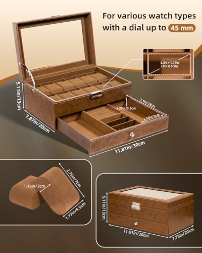 Image of Uten 12-Slot Watch Box, 2-Layers PU Leather Watch Case with Glass Lid, Watch Holder Organizer with Soft Pillow and Velvet Lining, Watch and Jewelry Storage Box, Brown