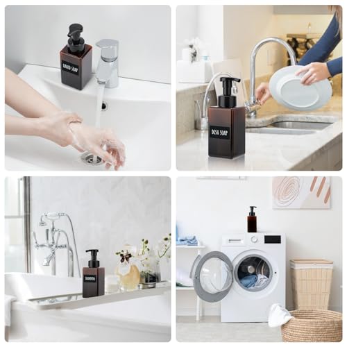 Image of Segbeauty 15.2oz Amber Plastic Refillable Foaming Soap Dispenser Pump Bottle for Bathroom, 4pcs Empty Shampoo Foamer Bottle with Foaming Pump, 450ml Square Kitchen Liquid Soap Dispenser with Labels