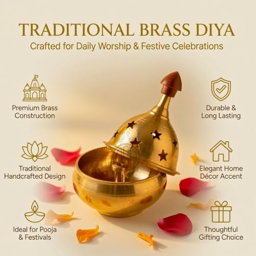 Image of Brass Diya Pure Brass Traditional Oil Puja Lamp for Temple, Mandir, Festival Decoration, Home Decor & Diwali Gift (Star Dome, Set of 2)
