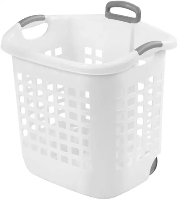 Sterilite 14 Gallon White Ultra Wheeled Laundry Basket with Titanium Handle