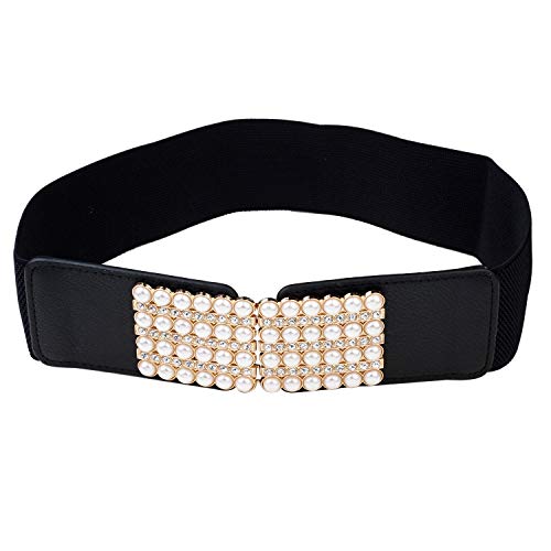 Aodexius Women's Waistband Woven Elastic Dress Belt, Lace-up Cinch Belt With Rhinestone Pearl Buckle,Black