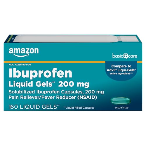Amazon Basic Care Ibuprofen Liquid Gels 200 mg Pain Reliever/Fever Reducer Liquid Filled Capsules for Headache Toothache Backache Menstrual Cramps and More 160 Count 160 Count 1 Pack