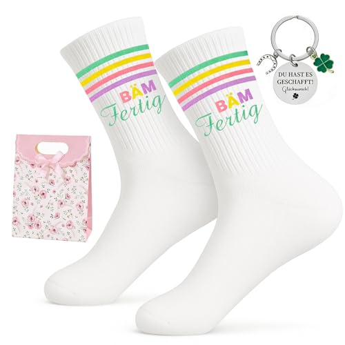 3 Stück Bestandene Prüfung Geschenk Set mit Baumwolle Socken EU 35-44 Schlüsselanhänger und Tüte Glücksbringer Prüfung Glücksbringer Abschluss für Abitur Bachelor für Frauen Männer Kollegen