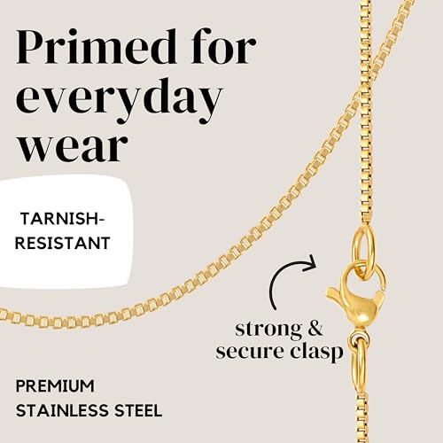 KISPER 24k Gold Box Chain Necklace – Thin, Dainty, Gold Plated Stainless Steel Jewelry for Women with Lobster Clasp4