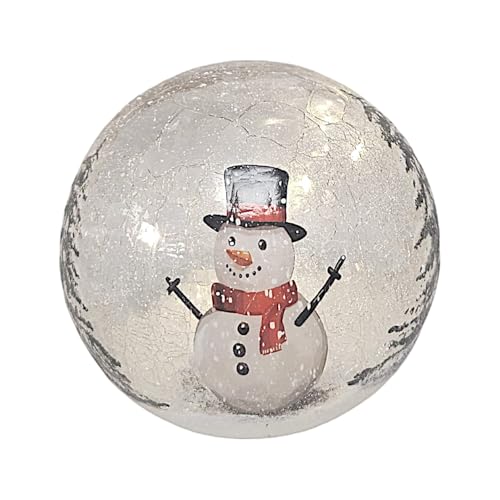 Divas World LED 15cm Crackle Glass Light Snowman Ball Christmas Ornament Garden Decor Battery Operated with Timer Function
