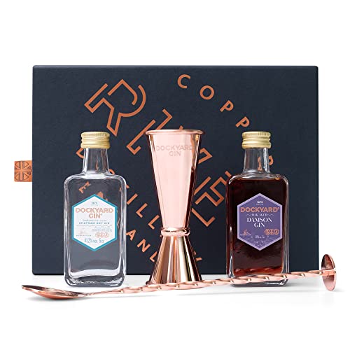 Gin Gift Set - Small Batch Gin, 2x5cl Dockyard Gin, Damson Gin, Copper Jigger & Stirrer, Premium Kent Gin, Local Grain, Flavoured Gin Cocktail Set, Christmas Gin Gifts by Copper Rivet Distillery