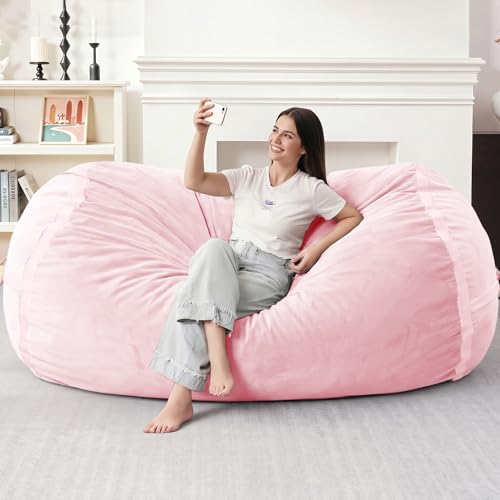 Image of 6FT Bean Bag Chair 6'Giant Bean Bag Chairs with Adults, Large Beanbag Chair | Bean bag Lounger with Machine Washable Cover Dutch Velvet Fabric, Comfy Chairs for Living Room Bedroom Dorm, Pink
