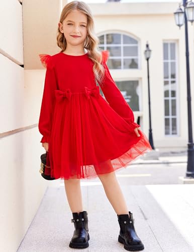 Image of Arshiner Toddler Girls Tulle Dresses with Bow Tie Fall Winter Long Sleeve Formal Party Dress 1-7 Y