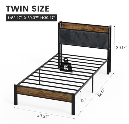 PROTEA Twin Size Bed Frame with LED Lights and Charging Station, Upholstered Headboard with Storage, Sturdy Platform with Metal Slats, Noise Free No Box Spring Needed - Image 3