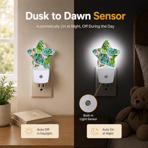 Image of Star Night Light with Dusk to Dawn Sensor, Tropical Palm Leaves Plug in Night Light for Kids Bedroom Nursery, Soft Warm Glow Lamp for Hallway Bathroom Energy Saving