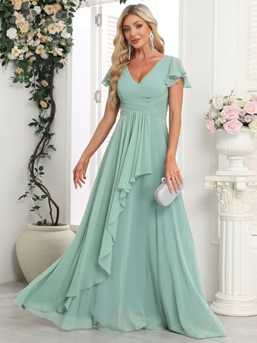Bridesmaid Dresses Chiffon Wedding Guest Dresses for Women Floor Length V-Neck Ruffle Sleeves Ruched Formal Dress3