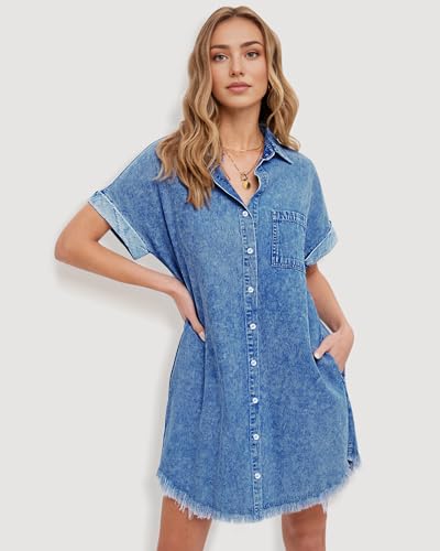 Denim Dress for Women Midi Jean Shirt Dresses Button Down Short Sleeve Summer Womens Jeans Babydoll Pockets2