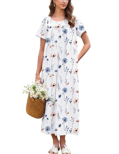 Image of Ekouaer Nightgown for Women Cotton Long Night Gown Short Sleeve Nightdress with Pockets Button Sleepshirt Soft Sleepwear