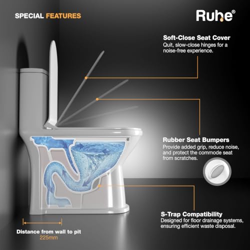 Image of Ruhe Oreo One-Piece Western Toilet with 3D Siphonic Flushing System| S-Trap | White Glossy Ceramic | 26 x 13 x 29 inches | Soft-Close Seat Cover | Dual Flushing | Floor Mounted Western Commode