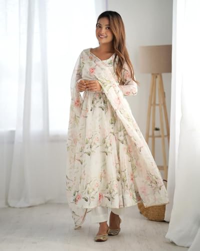 Image of KD Floral Printed Anarkali kurta Pant Set with dupatta,Anarkali dress, Full Sleeves, Floor Length, Georgette kurta for women