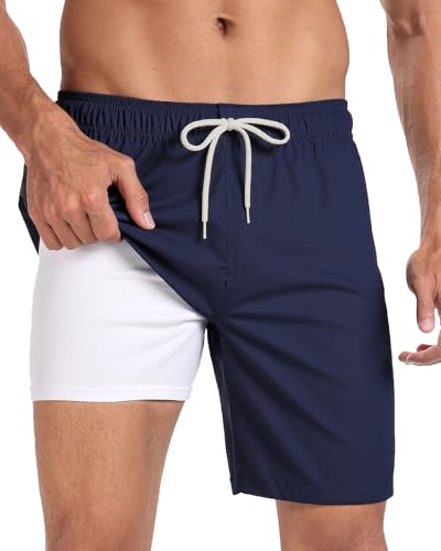Image of Mens Swim Trunks with Compression Liner 2 in 1 Quick Dry Swimming Shorts Swimwear Bathing Suits with Pockets