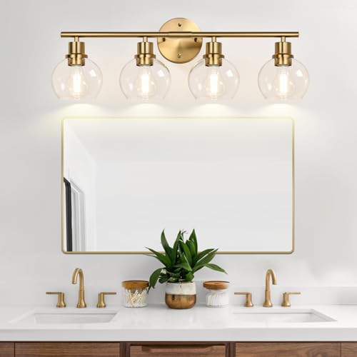 Image of Indoi 4-Light Bathroom Light Fixtures,Gold Modern Vanity Lights Over Mirror with Clear Glass Globe Shade, Bathroom Wall Sconces for Mirror Kitchen Living Room Hallway Cabinet Bedroom Porch