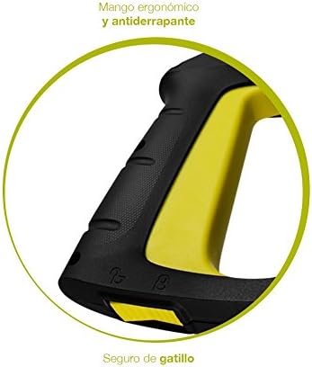 Close-up of the spray gun handle with ergonomic grip and trigger safety lock.