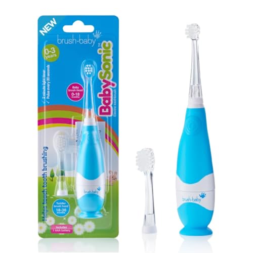 Brush-Baby - BabySonic Blue Electric Toothbrush 0-36 Months - Soft Gentle Vibrating Toothbrush for Sensitive Gums & New Teeth - with LED Light & Suction Base - Baby & Toddler Brush Heads