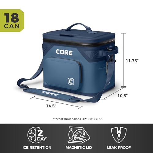 Image of CORE Magnetic Leak Proof Soft Cooler with Waterproof Zipper | Insulated Bag Portable Ice Chest Box | Best Soft Cooler for Food & Beverages for Tailgating, Car Camping, Travel, and Family Beach Picnics