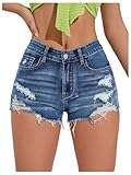 GORGLITTER Women's Ripped Raw Hem Stretchy Denim Shorts Mid Rise Distressed Mini Jeans Shorts Medium Wash Small