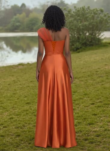 Satin One Shoulder Bridesmaid Dresses Tulle Prom Dresses for Women 2025 Pleated Long Formal Evening Party Gown3