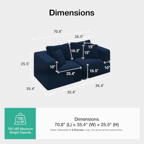 Image of Novilla 70.8 inch Modular Loveseat Sofa, Small Space Sectional Couch, Modern Cloud Sofa with Smarts Coil Support, Boneless Sectional Couch for Living Room Apartment, No Assembly Required, Blue