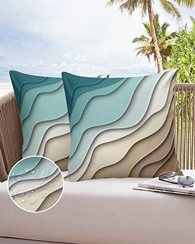 Outdoor Pillow Covers Waterproof, Teal Blue Ombre Cream Throw Pillowcase Decorative Cover, Modern Geometric Brown Aesthetic Garden Cushion Case Set of 2 for Sofa, Couch, Tent, Patio 18