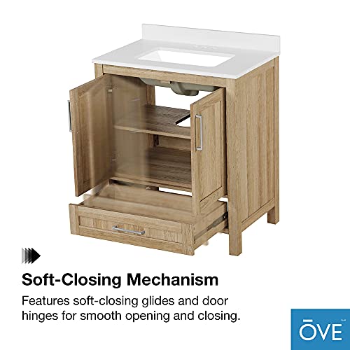 Ove Decors Kansas 30'' Freestanding Bath Cabinet | Modern Single Sink With Cultured Marble Countertop | Fully Assembled | Backsplash Included, 29 Inches, White Oak #TOP5