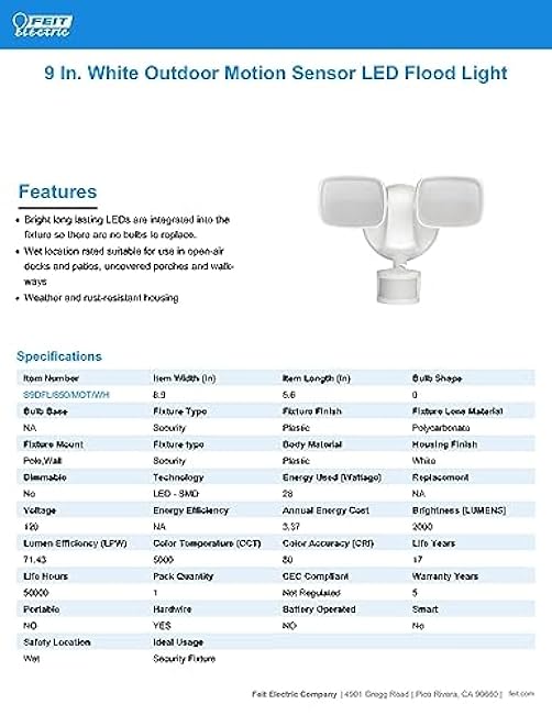 Feit Electric LED Outdoor Waterproof Security Flood Light - Motion Sensor - Dusk to Dawn - Hardwired - 5000K Daylight - 2000 Lumen | White