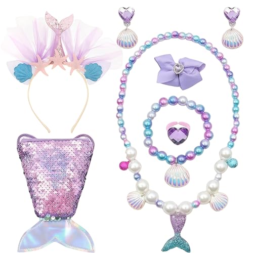 Charfia 8 Pcs Meerjungfrau Schmuckset Mädchen, Meerjungfrau Prinzessin Kostüm,Inkl. Glitter Haarband,Meerjungfrauenflosse Mädchen Tasche,Halskette,Ringe,Armbänder,Ohrring,Geschenke für Party,Dress Up