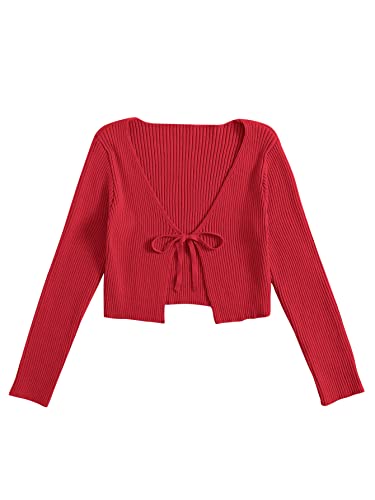 Image of Floerns Women's Tie Front Long Sleeve Rib Knit Shrug Sweaters Cardigan Crop Top