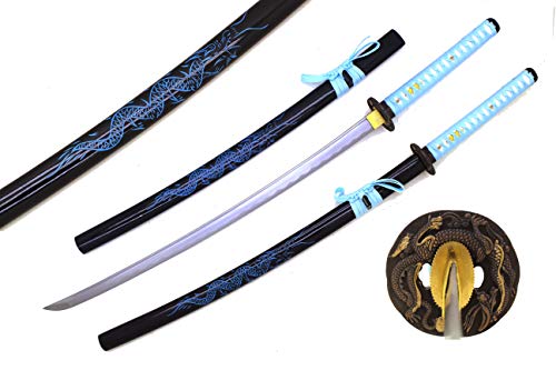 Snake Eye Tactical Classic Handmade Samurai Sharp Sword Heavy Real Martial Arts Sword w/Blue Dragon Etched (Blue)