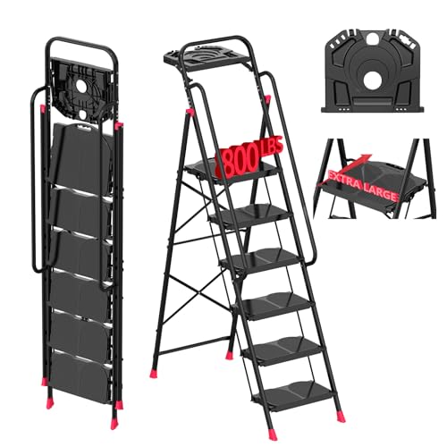 6 Step Foldable Step Ladder with Roomy Tool Tray & Secure Handrail Wide Pedals Platform Stool 800lbs Capacity for Adults Home Kitchen