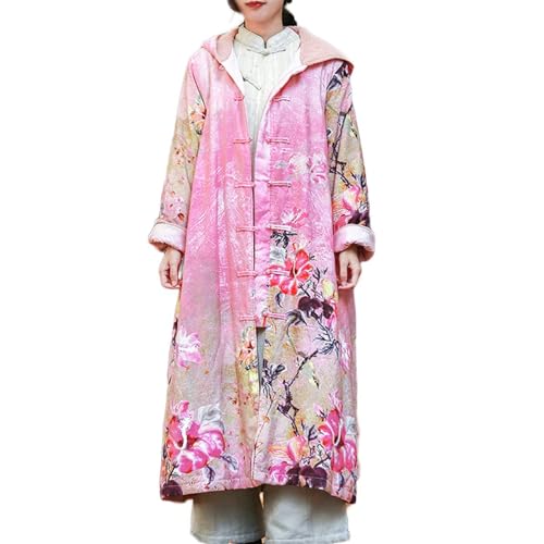 LUZU JUNU Women's Winter Hooded Long Outwear Floral Printed Coat Windbreaker Vintage Frog Button Fleece Lined Warm Overcoat