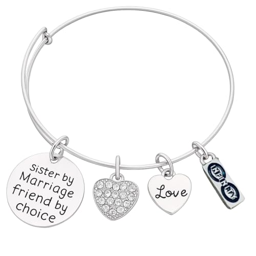 Sister by Marriage Friend by Choice Bracelet – Silver Bangle with Love, Crystal Heart, and Infinity Charms – Gift for Sister-in-Law