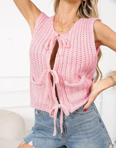 Image of Trendy Cardigan Sweater Vest Crochet Knit Top Sleeveless Bows with Pockets