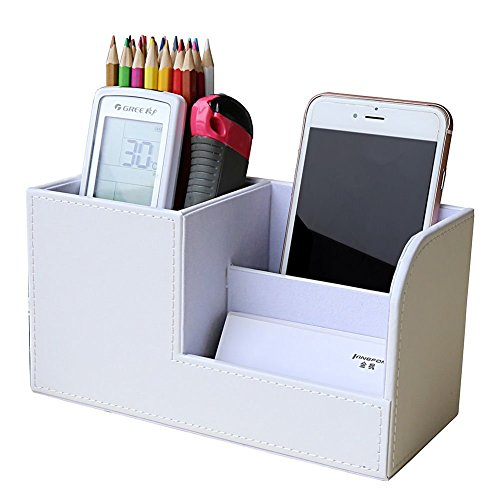 KINGFOM Wooden Struction Leather Multi-function Desk Stationery Organizer Storage Box Pen/Pencil,Cell phone, Business Name Cards Remote Control Holder Colors (S-White)