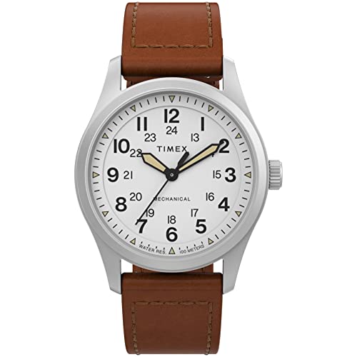 Timex Men's Expedition North Field Post Mechanical 38mm Eco-Friendly Leather Strap Watch Stainless-Steel/Brown/White