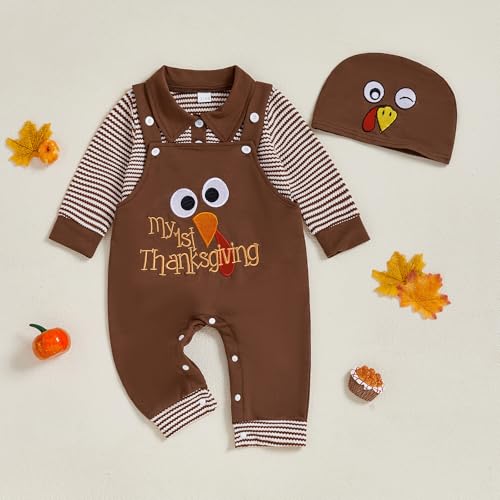 Baby Boy Thanksgiving Outfit Bubble Romper Lapel Waffle Striped Long Sleeve Onesie Turkey Overalls Pants Set Hat3