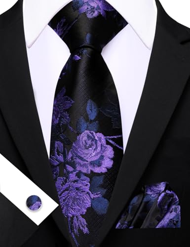 Image of Barry.Wang Flower Ties for Men Silk Woven Floral Tie Sets Necktie Handkerchief Cufflinks Wedding Party