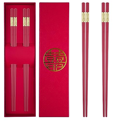 Red Chopsticks Gift Box Set of 2 Pairs Fiberglass Chopsticks Dishwasher Safe- Wedding Ceremony Gift, Elegant Dining Non-Slip and Lightweight Chinese Chop Sticks