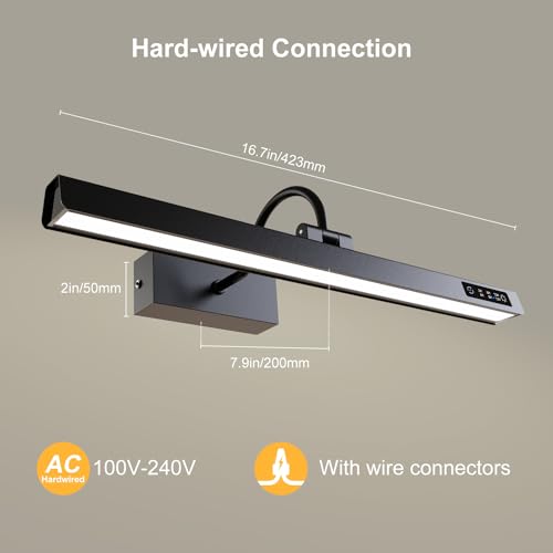 Image of GOVSSING Picture Light, Auto ON /Off Picture Lights for Wall, Hardwired Connection, 16.7 inchMetal Art Light with Remote, Dimmable&3 Color Temps, Rotatable Gallery Light with Indicator, 9W, CRI90+ (Black)