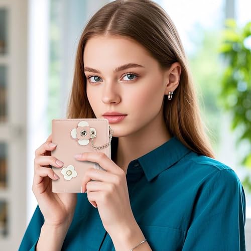Andiker PU Leather Small Purse for Women, Compact Bi-fold Ladies Purse with Floral Buckle Zipper Coin Pocket (Pink)4