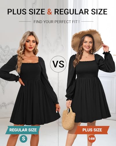 Image of Holipick Women's Casual Square Neck Smocked Dress Shirred Ruffle Puff Sleeve High Waist Cute Flowy A-Line Short Dress