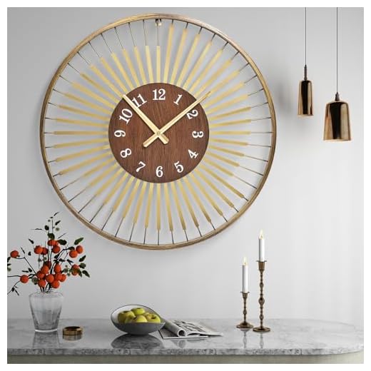 24 Inch Mid Century Modern Wall Clock, Round Frame Metal Design with Walnut Wood Center, Silent