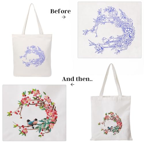 Image of VIVOLOOM Canvas Tote Bag Embroidery Kit for Beginners, DIY Needlepoint Kit with Unique Pattern, Include Instruction, Colorful Threads, and Tools for Adults